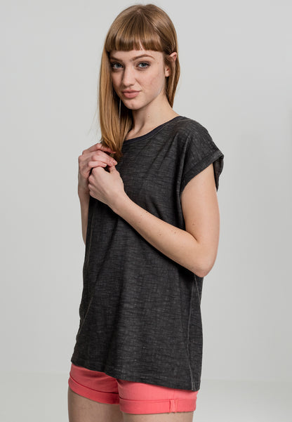 Ladies Spray Dye Extended Shoulder Tee in Dark Grey, getragen