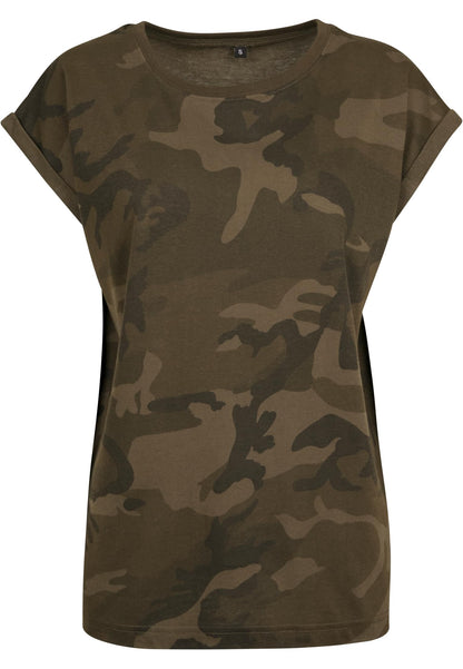 Ladies Extended Shoulder Camo Tee in Olive Camo, Vorderansicht