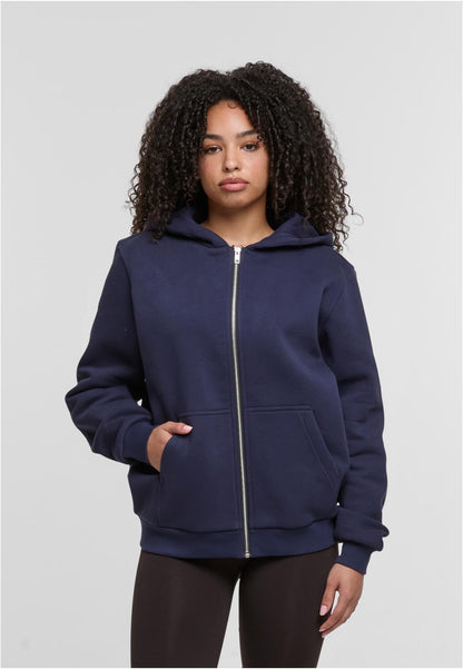 Ladies Fluffy Zip Hoody in Navy, getragen