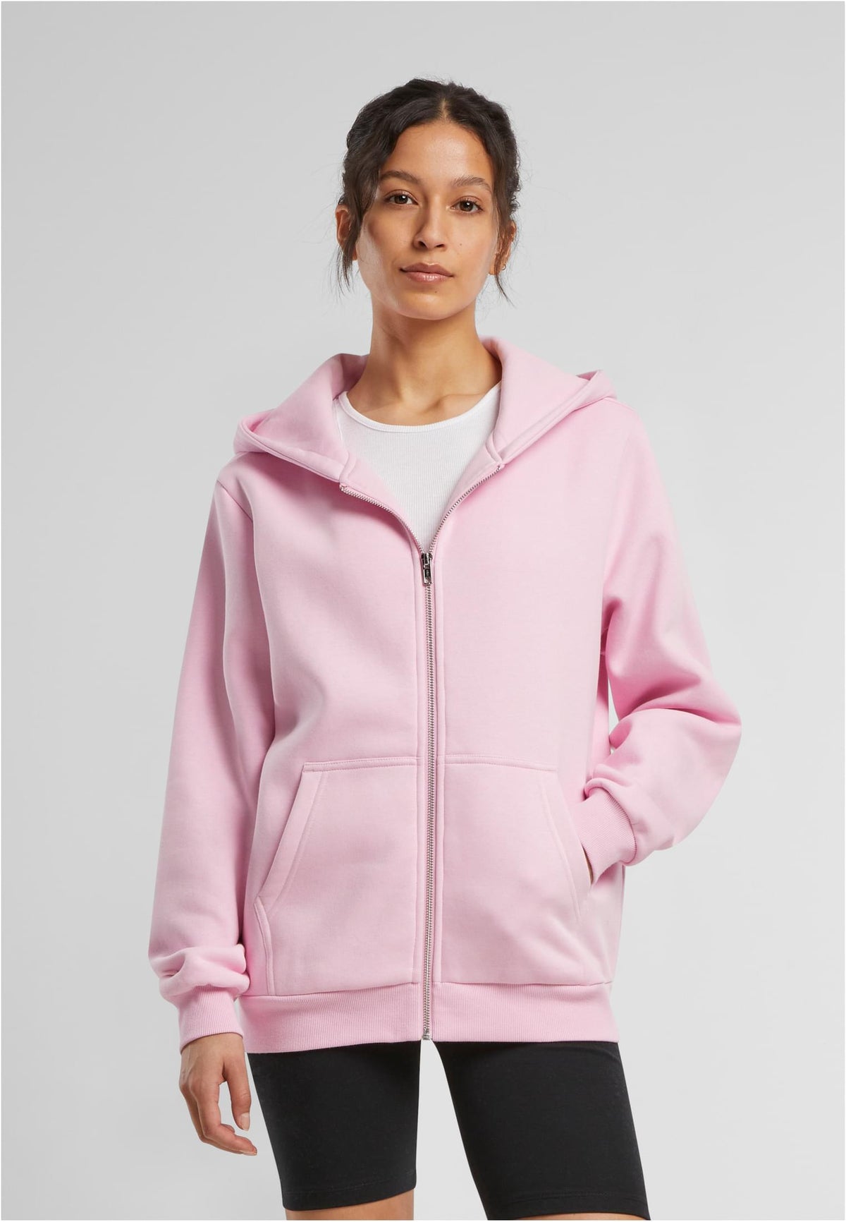 Ladies Fluffy Zip Hoody in Soft Pink, getragen