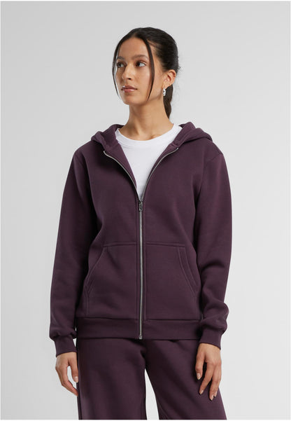 Ladies Fluffy Zip Hoody in Plum Purple, getragen