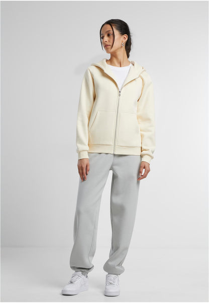 Ladies Fluffy Zip Hoody in White Sand, getragen