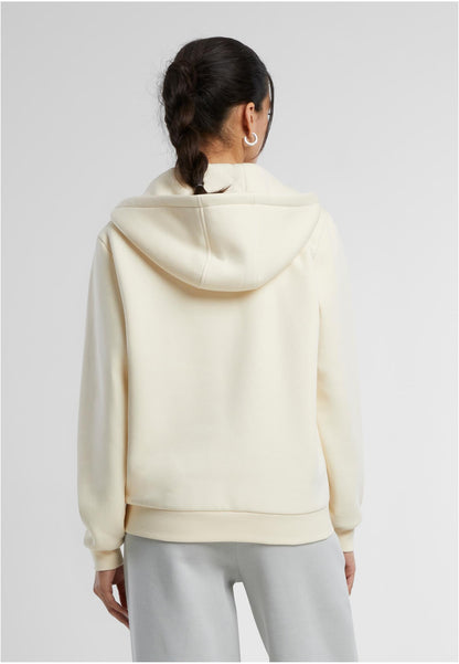 Ladies Fluffy Zip Hoody in White Sand, getragen