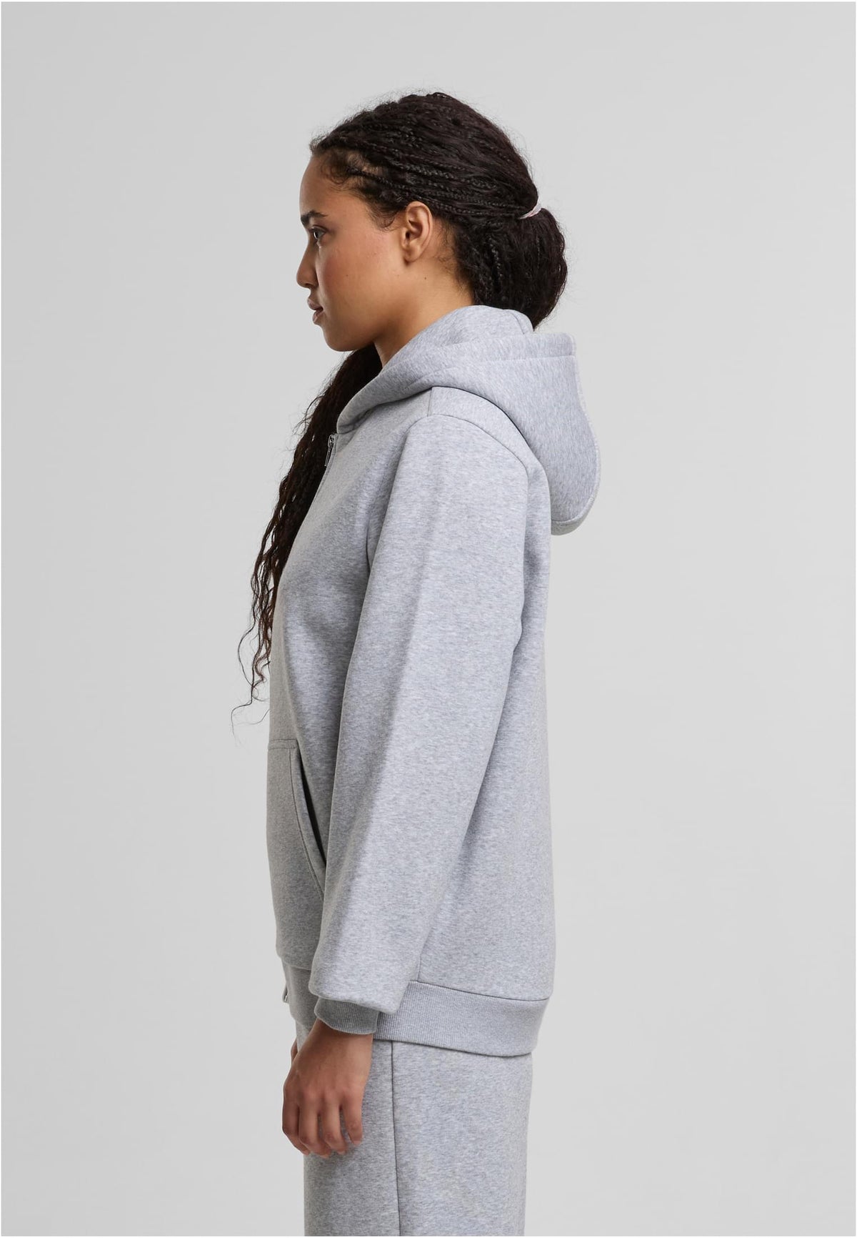Ladies Fluffy Zip Hoody in Heather Grey, getragen