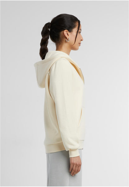 Ladies Fluffy Zip Hoody in White Sand, getragen